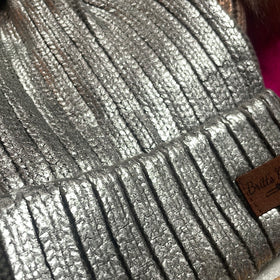 Women’s Silver Metalic Plush Lined Basket Weave Winter Hats with Fur Pom
