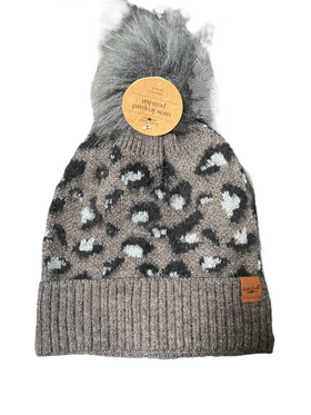 Women’s Grey Cheetah Winter Hats with Fur Pom