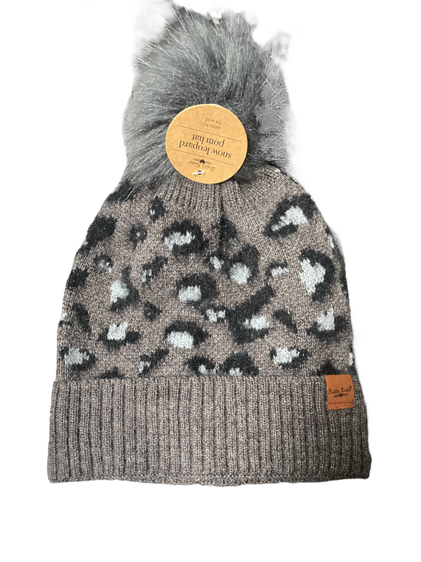 Women’s Grey Cheetah Winter Hats with Fur Pom - Jilly's Socks 'n Such