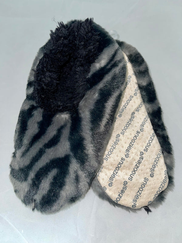 Women’s Fuzzy Slippers - Zebra Black - Jilly's Socks 'n Such