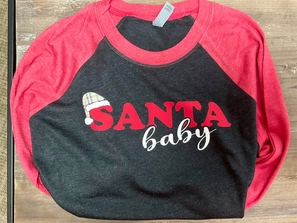 “Santa Baby” Long sleeve T-Shirt - Charcoal gray with red sleeves and neck - Jilly's Socks 'n Such