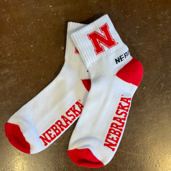 Nebraska White Quarter Cuff Crew Socks - One Size - Jilly's Socks 'n Such