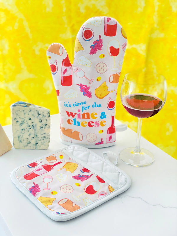 Wine & Cheese Oven Mitt & Pot Holder Set - Jilly's Socks 'n Such