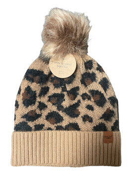 Women’s Brown Cheetah Winter Hats with Fur Pom
