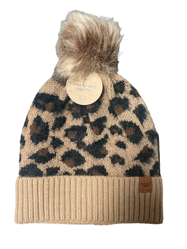 Women’s Brown Cheetah Winter Hats with Fur Pom - Jilly's Socks 'n Such