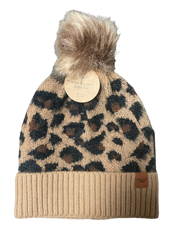 Women s Brown Cheetah Winter Hats with Fur Pom