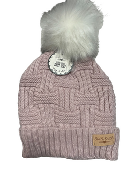 Women’s pink Plush Lined Basket Weave Winter Hats with Fur Pom
